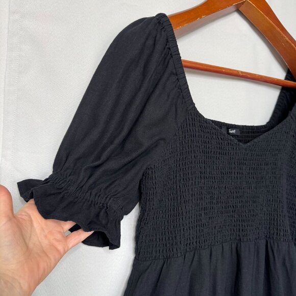 Madewell Black Linen-Blend Lucie Short Puff Sleeve Smocked Mini Dress Size L - Picture 5 of 15